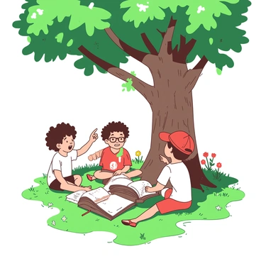 A group of children is sitting on a green grassy patch under a large tree with a thick trunk and sprawling branches. Each child has a unique appearance; one has curly hair, another is wearing glasses, and a third is sporting a bright red cap. They are gathered in a small circle, animatedly sharing stories and dreams. The tree's leaves create a dappled pattern of light and shadow on the ground, enhancing the atmosphere of their imaginative discussions. Some children are pointing towards the sky, while others are leaning in, captivated by the tales. In the background, there are scattered wildflowers adding splashes of color to the scene.