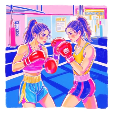 A female amateur boxer is confidently training in a gym. She has a determined expression on her face. Her hair is pulled back into a ponytail, and she is wearing a fitted tank top and boxing shorts. She is striking the pads held by her coach with great energy. The coach, a man with a supportive expression, stands in front of her, stabilizing the pads. The gym is filled with various boxing equipment, including gloves and a heavy bag hanging in the corner. The walls are adorned with inspirational posters related to boxing.