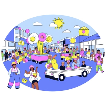 A parade taking place on a busy street filled with colorful floats and performers. The floats are decorated with bright designs and various themes, some featuring large flowers and playful characters. Performers in vibrant costumes are dancing and entertaining the crowd. Excited spectators line the sides of the street, smiling and waving. Balloons float in the air, adding to the festive atmosphere. The sun is shining brightly over the scene, casting cheerful shadows on the pavement.