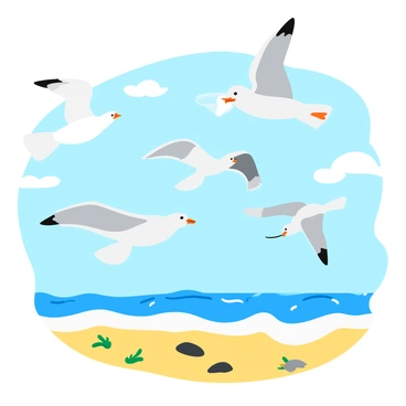 A flock of seagulls with white feathers and gray wings flying gracefully above the shoreline. The seagulls are depicted in various positions, some soaring high while others are slightly lower, creating a dynamic composition. Below them, the sandy shoreline stretches out, speckled with small rocks and seaweed. Gentle waves roll onto the beach, reflecting a soft blue hue. The sky is clear with a few fluffy clouds scattered, providing a bright backdrop for the scene.