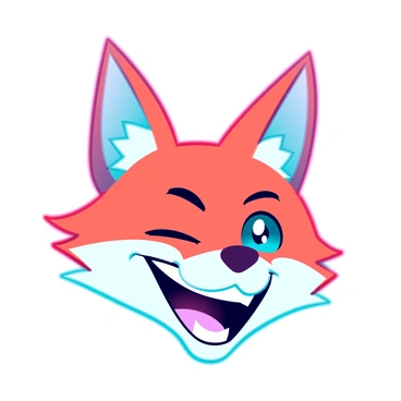 A cartoon-style fox head with exaggerated features, including oversized eyes that sparkle with mischief and a wide, toothy grin that showcases its playful nature. The fox has vibrant orange fur with white accents on its snout and ears. Its ears are perked up, enhancing the fox's lively expression. The background is a simple gradient that complements the fox's bright colors, keeping the focus on its cheerful face.