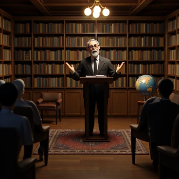 A philosopher with a graying beard and round glasses stands at a wooden lectern, wearing a dark suit and a tie. He gestures expressively with one hand while holding a stack of notes in the other. The room is dimly lit by a vintage chandelier that casts warm light on the surroundings. Bookshelves line the walls, filled with an array of books in various colors and sizes. A few chairs are arranged in front of the lectern, occupied by attentive listeners. A large globe sits in the corner of the room, and a faded rug covers the wooden floor.