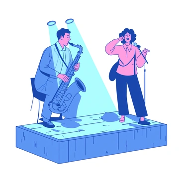 A blue saxophonist is passionately playing a saxophone on a small stage, with a focused expression. Next to the saxophonist, a pink vocalist is singing into a microphone, holding the microphone stand with one hand while the other hand gestures expressively. The stage has a subtle wooden texture, and there are two spotlights shining down from above, highlighting the performers. The background is slightly blurred, allowing the saxophonist and vocalist to stand out as they share the moment in their duet.