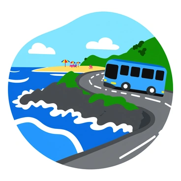 A bright blue bus is moving along a winding road that hugs a scenic seaside cliff. The bus features bold, cartoon-style details, with large windows and a cheerful front. Below, vibrant ocean waves crash against the rocky shore, creating a frothy white spray. The sky is clear with a few fluffy white clouds, and colorful beach umbrellas dot the sandy beach in the distance. Lush green vegetation lines the cliff, contrasting with the deep blue of the ocean.