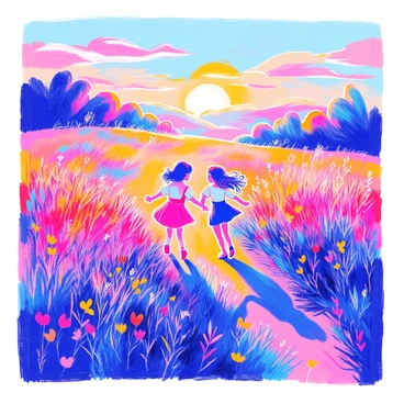 Two playful silhouettes are depicted in a vibrant field. They are running toward each other, their arms outstretched as if they are about to embrace. The grass is tall and sways gently in the breeze. The sun is low in the sky, casting a warm golden light that creates long shadows on the ground. In the background, there are patches of wildflowers, adding bursts of color to the scene. The sky is painted with hues of orange and pink, indicating that it is the golden hour.