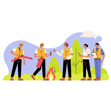 A group of trainees participating in a training session on the use of fire extinguishers outdoors. The scene shows four trainees wearing bright orange safety vests, each holding a fire extinguisher. They are positioned in a grassy area, with trees in the background. One trainee is aiming the extinguisher at a controlled fire simulation, while another trainee observes closely, taking notes on a clipboard. A fire safety instructor, wearing a helmet, stands nearby, pointing at the fire and demonstrating proper techniques. A blue sky fills the background, adding clarity to the training session.