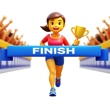 A marathon runner with a determined expression is crossing the finish line. The runner is wearing a vibrant athletic outfit, including a moisture-wicking shirt and shorts, with running shoes that have bright accents. Their hair is pulled back in a ponytail, and sweat glistens on their forehead. The finish line is marked by a bold banner reading "FINISH" in large letters. In the runner's hand, they are holding a gleaming trophy that reflects sunlight, showcasing its shiny surface. The background features a cheering crowd with arms raised in celebration.