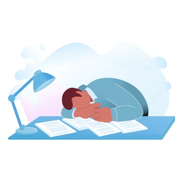 An office worker is slumped over a cluttered desk, which is covered with stacks of paperwork. A dim lamp is positioned to one side, casting a long shadow across the desk and highlighting the disarray of documents. The worker is wearing a formal outfit, with their arms resting on the papers. The background shows a muted office environment, emphasizing the sense of fatigue and overwhelm in the scene.