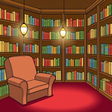 An enchanted library filled with tall wooden bookshelves, each brimming with colorful books of various sizes. The books have ornate covers, some with gold embossing and others with intricate patterns. A soft, warm glow emanates from hanging lanterns that illuminate the space. Wisps of magical light float gently between the shelves, creating a whimsical atmosphere. Some of the books appear slightly open with tiny, glowing text spilling out, as if the books are whispering their stories to anyone nearby. A plush, deep red carpet covers the floor, and a cozy reading nook with a large, cushioned armchair sits invitingly in one corner.