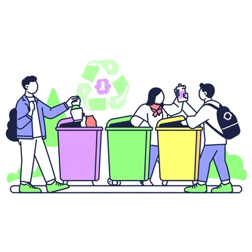 A scene depicting multiple recycling bins in an urban setting. There are four bins with clearly labeled slots for plastic, glass, and metal. Each bin has a distinct shape and size. Several people are present, each engaged in depositing bottles and cans. A man in a blue jacket is inserting a plastic bottle into the blue recycling bin. A woman in a red scarf is placing a glass jar into the green bin. Another person, wearing a backpack, is holding a can over the yellow bin, preparing to drop it in. The surrounding area includes trees and a paved sidewalk.
