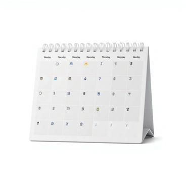 A calendar with a grid layout, featuring various dates filled with a mix of work tasks and leisure activities. Each date box displays small icons representing different tasks and activities. For work tasks, there are icons such as a briefcase, a computer, and a clock, indicating meetings and deadlines. For leisure activities, icons like a book, a music note, and a bicycle are included, representing reading, music sessions, and cycling outings. The calendar is designed with a clean, organized appearance, with clear sections for each day of the week.