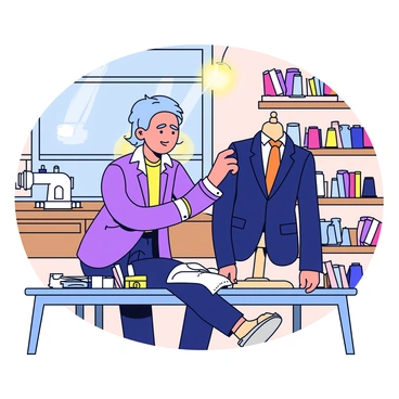 A tailor adjusting the fit of a suit on a mannequin in a cozy workshop
