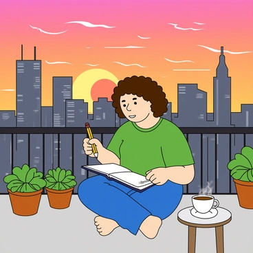 A person with curly hair and light skin is seated on a balcony, holding a sketchbook and pencil. The artist is wearing a comfortable green t-shirt and blue jeans. In front of them, the city skyline is visible, showcasing tall buildings in varying shapes and sizes. The sky is filled with vibrant colors of orange, pink, and purple as the sun sets on the horizon. A few potted plants are placed on the balcony railing, adding greenery to the scene. The artist's focused expression indicates deep concentration while capturing the beautiful view. A small table nearby holds a cup of steaming tea.