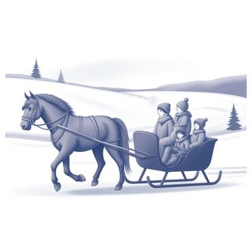 A family sitting in a horse-drawn sleigh. The sleigh is pulled by a large horse with a thick mane, wearing a decorative harness. The family consists of parents and two children, all bundled in winter clothing, with hats and scarves. The snowy countryside features gently rolling hills covered in white snow, and a few evergreens dotted throughout the landscape. In the background, a clear blue sky provides a bright contrast to the white snow. The horse's breath is visible in the cold air as it moves steadily through the tranquil scene.
