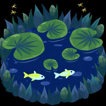 An enchanted pond surrounded by lush greenery, with large leafed lily pads floating on the surface. The water is a deep blue, reflecting the moonlight above. Below the lily pads, several fish are visible, glowing with vibrant bioluminescence in shades of green and blue. The fish swim gracefully, their light illuminating the dark water, creating a magical atmosphere. Small fireflies flutter above the pond, adding to the enchanting scene.