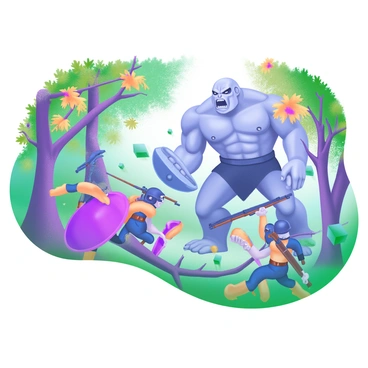 A scene depicting "soldiers" in various uniforms, armed with rifles and shields, engaged in combat against towering "titans" that have enormous, muscular bodies and fierce expressions. The setting is a forest clearing with dense trees in the background, their leaves a mix of green and vibrant autumn colors. The ground is scattered with debris and fallen branches, emphasizing the chaos of the battle. Some soldiers are in dynamic poses, charging forward or taking cover, while the titans loom over them, ready to strike. Light filters through the leaves, casting dramatic shadows on the ground.
