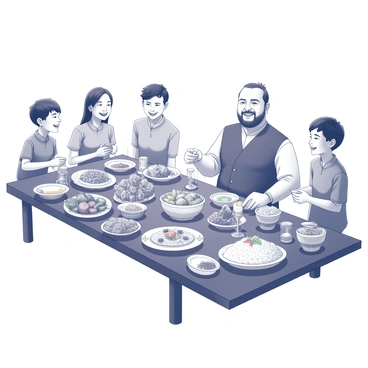 A man with a robust build, dressed in traditional attire, sits joyfully at the head of a long wooden table. He is surrounded by several friends who share in the merriment. The table is laden with an array of traditional dishes, including large platters of rice, vegetables, and various meats. Elaborate serving bowls are filled with colorful garnishes and fragrant spices. Each friend holds a plate, engaged in lively conversation and laughter. Decorative utensils and ornate glasses are placed neatly on the table. The atmosphere is filled with camaraderie and the enjoyment of delicious food.