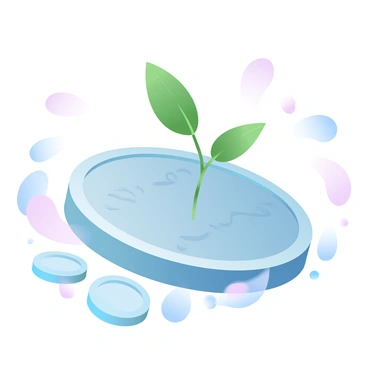 A small green seedling is emerging from the center of a shiny coin, showcasing the connection between nature and finance. The coin has intricate details engraved on its surface, reflecting light in gradient pastel colors. Surrounding the coin and seedling are scattered, smaller coins, adding depth to the composition. A soft gradient background transitions from one pastel hue to another, enhancing the overall theme of growth and investment.