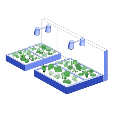 A farm features rows of crops growing under artificial lights. Each crop is neatly arranged in individual planter boxes, allowing for organized cultivation. The environment is designed to be sterile, with clean, polished surfaces and minimal clutter. The artificial lights hang from structured fixtures above, casting even illumination across the plants. There are various types of crops, including leafy greens and herbs, visibly thriving under the bright light. The walls of the farm are smooth and white, enhancing the sense of cleanliness and control in the space.