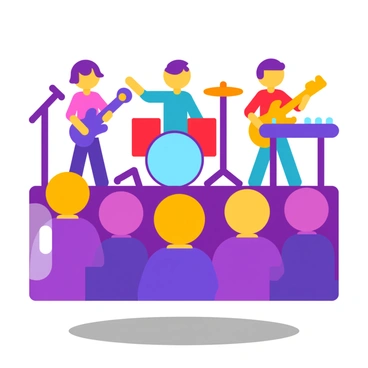 A rock band on stage with four members playing retro instruments like a vintage drum set, electric guitar, and keyboard, while an enthusiastic audience stands in front, cheering and raising their hands.