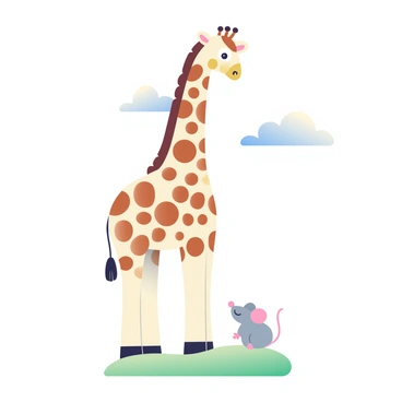 A towering giraffe with a long neck, patterned with brown and cream spots, stands majestically on the left side of the image. Its large, expressive eyes are focused downward. Beside the giraffe is a tiny mouse with gray fur, large ears, and a small pink nose. The mouse is standing on its hind legs, looking up at the giraffe. The ground beneath them is a soft green grass, emphasizing the height difference between the two animals. The background features a gentle blue sky with fluffy white clouds, creating a serene atmosphere.
