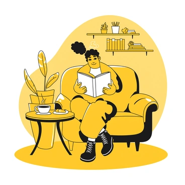 A person sitting comfortably in a cozy coffee shop, wearing black Dr. Martens boots. The individual is deeply engrossed in reading a book with a white cover. A small wooden table is in front of them, holding a steaming cup of coffee beside a plate with a pastry. The background features soft lighting and shelves filled with books and plants, adding to the inviting atmosphere of the coffee shop.