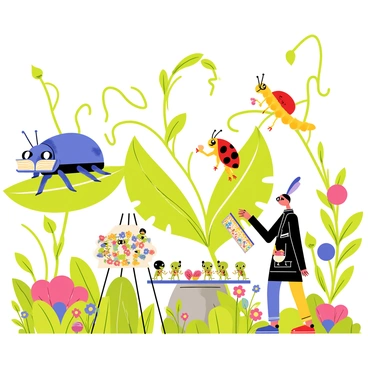 A vibrant garden scene featuring an array of bizarre, colorful bugs engaged in human-like activities. A large blue beetle wearing glasses reads a book on a green leaf. Nearby, a red ladybug with a tiny backpack is walking along a twisted vine. A yellow caterpillar is painting on a small easel, creating a colorful masterpiece. In the background, a group of green grasshoppers are playing chess on a flat stone. A purple dragonfly is serving tea from a miniature teapot to a gathering of butterflies sitting at a tiny table. The garden is lush with greenery, dotted with flowers in various bright colors.