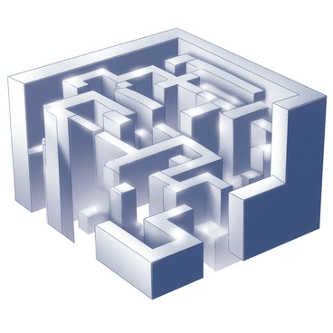 A maze constructed entirely of mirrors. The walls are tall and shiny, reflecting the surroundings in multiple angles. Various paths lead in different directions, creating a complex network that appears confusing. The reflections distort the view, making it challenging to see the actual layout of the maze. Some pathways are narrow while others are wide, allowing for different experiences of navigating through the mirrored environment. Intense light sources create bright glints and shadows across the surfaces, enhancing the sense of depth and disorientation within the space.