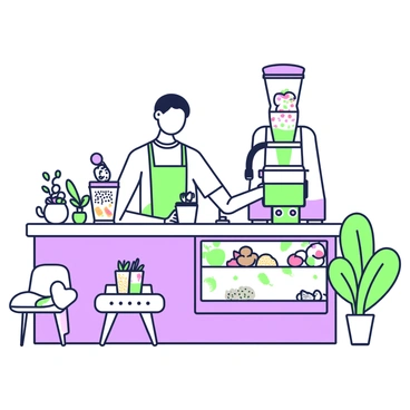 A trendy smoothie bar with a modern design featuring a sleek counter and a display case filled with fresh ingredients. Behind the counter, a barista is blending a smoothie in a large machine. In front of the barista, there is a glass filled with a vibrant apple smoothie topped with a colorful array of toppings including chia seeds and slices of fruits. On the counter, there are jars filled with various toppings like granola and nuts. The environment includes stylish seating arrangements with green plants placed throughout, enhancing the fresh vibe of the smoothie bar.