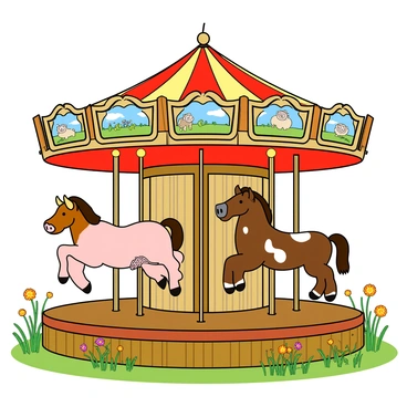 A large rustic carousel with a wooden base, situated in a green countryside farm. The carousel features colorful painted panels depicting farm scenes. The mounts are a variety of adorable farm animals, including a brown cow with white spots, a fluffy sheep with curly wool, a cheerful pig with a pink snout, and a playful horse with a shiny mane. Each animal is attached to a sturdy pole and has a joyful expression. The carousel is surrounded by vibrant wildflowers and grass, with a clear blue sky above, adding a lively atmosphere to the scene.