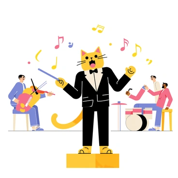 A cartoon cat standing on a small podium, wearing a tuxedo and a bow tie, with a joyful expression. The cat is holding a conductor's baton in one paw, poised to lead the orchestra. Around the cat, colorful animated music notes are floating in the air, swirling and dancing to the rhythm of the music. In the background, a variety of cartoonish instruments like violins, trumpets, and drums are visible, with other cartoon animals playing them, adding to the lively atmosphere of the orchestral concert.
