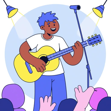 A person finally pursuing their dream of becoming a musician, playing guitar on stage with joy.