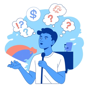 A blue game show contestant is standing center stage with a focused expression on their face, deep in thought. Above their head, several white thought bubbles are floating, each containing different colorful symbols such as dollar signs and question marks. The contestant is wearing a bright white shirt and has a microphone attached, emphasizing their role in the game show. The background features an abstract design with hints of orange, adding to the energetic atmosphere of the scene.
