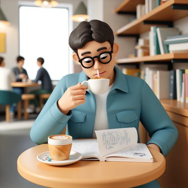 A writer at a café capturing ideas in a notebook while sipping on a cappuccino.