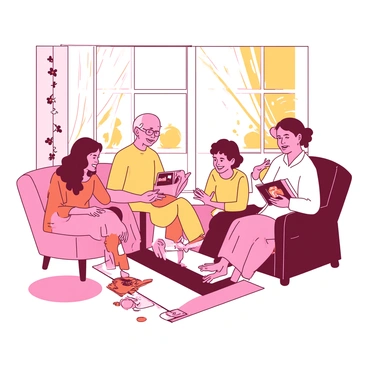 A group of four family members is gathered in a bright room, where sunlight streams in through large windows. In the center, a young boy is seated on a comfortable chair, smiling as he listens intently. To his right, an older woman with gray hair is animatedly sharing a story, gesturing with her hands. On his left, a middle-aged man leans forward, clearly engaged in the conversation. Opposite them, a teenage girl is smiling, holding a small photo album that she shows to the boy. The atmosphere is warm, and soft decorations line the walls, enhancing the feeling of togetherness during the ceremony.