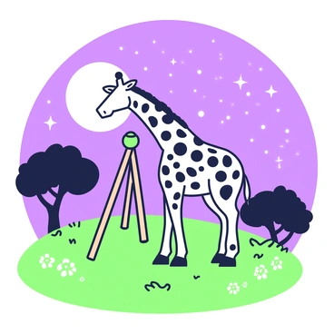 A giraffe is standing on a grassy hill, gazing through a telescope. The giraffe has a long neck and distinctive spots on its body. The telescope is positioned on a wooden tripod, pointed skyward. Above, a clear night sky is filled with countless stars, and a large, luminous moon casts gentle light across the scene. In the background, silhouettes of a few trees can be seen against the illuminated sky. The ground is sprinkled with small patches of grass and wildflowers, enhancing the night atmosphere.