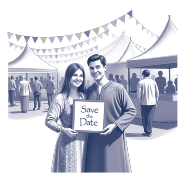 A couple stands together at a vibrant cultural festival. They are dressed in traditional attire, with the woman wearing a richly embroidered dress and the man in a tunic adorned with intricate patterns. They are smiling joyfully, surrounded by festival decorations and tents in the background. In their hands, they are holding a sign that reads "Save the Date." The scene captures the festive atmosphere with colorful banners and people celebrating around them.