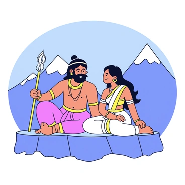 Shiva and Parvati are depicted sitting together on a rocky ledge of Mount Kailash. Shiva has long, flowing hair and is adorned with traditional jewelry. He wears a simple dhoti and holds a trident in one hand. Parvati sits beside him, wearing a beautiful saree with intricate patterns. She has her long hair tied back and is smiling gently at Shiva. The mountain landscape features jagged peaks in the background and a clear blue sky above. The scene conveys a sense of harmony and affection between the two figures.