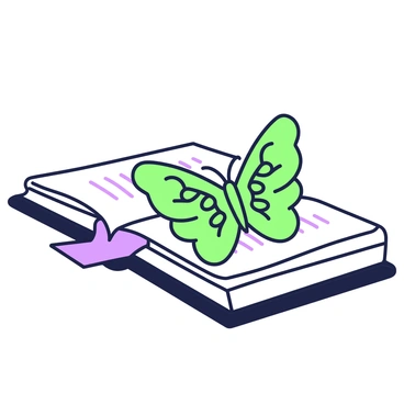 A closed book is resting on a wooden surface with a butterfly-shaped bookmark partially peeking out from its pages. The bookmark features intricate designs resembling the wings of a butterfly, which are in a dynamic position, as though it is ready to take flight. The book has a textured cover, and the edges of its pages are slightly worn, indicating it's well-loved. Soft light casts gentle shadows, enhancing the details of the bookmark and the book's cover.