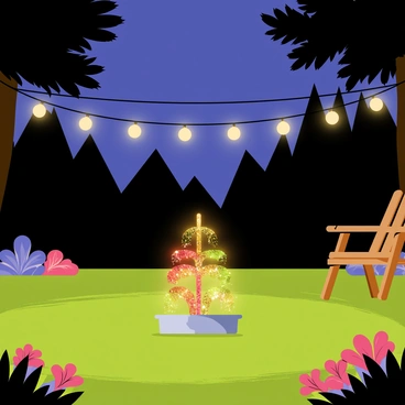 A backyard scene during the evening with a clear dark blue sky. A small fountain firework is positioned in the center, emitting vibrant sparkling colors such as red, green, and gold. Surrounding the firework are lush green grass and scattered colorful flower beds. Nearby, a wooden patio chair is visible under the soft glow of string lights draped above, adding a cozy atmosphere. The distant silhouette of tall trees frames the scene, while the soft flicker of the firework illuminates the area.