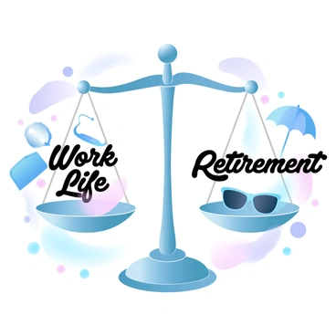 A balancing scale is positioned in the center of the image. On one side of the scale, the words "Work Life" are displayed prominently, surrounded by a variety of office supplies such as a briefcase and a laptop. On the other side of the scale, the words "Retirement" are highlighted, accompanied by elements like a beach umbrella and a pair of sunglasses. The background features a gradient of pastel colors, creating a harmonious atmosphere around the scale. The scale itself is finely detailed, with a glimmering finish that enhances its visual appeal.