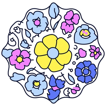 A circular mandala design featuring a variety of intricate floral elements. The mandala is filled with symmetrical patterns made up of petals, leaves, and spirals. Each flower is distinct, displaying detailed lines and curves. The design incorporates a harmonious balance of shapes and sizes, creating a captivating visual effect. The colors are vibrant and carefully arranged to enhance the overall pattern of the mandala.