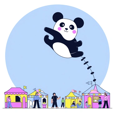 A giant kite shaped like a panda is soaring high above a fairground. The kite features black and white colors, with large round ears and bright eyes. Below, colorful stalls and tents of the fairground can be seen, each decorated with vibrant banners. People are walking around enjoying the festivities, with some gazing up at the kite in wonder. The sky is clear and blue, creating a perfect backdrop for the kite to fly.