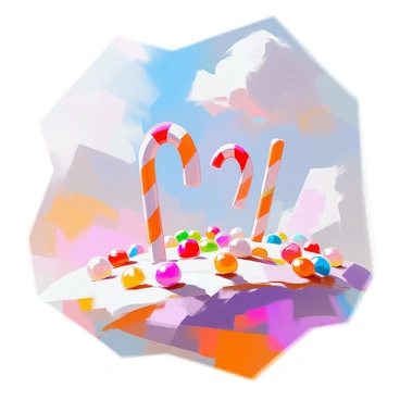 A fantasy landscape featuring vibrant, oversized candy canes standing tall among rolling hills made of colorful gumdrops. The hills are dotted with a variety of sugary confections, adding to the whimsical scenery. Above, a swirly sky filled with pastel hues of pink, blue, and yellow creates a dreamlike atmosphere, emphasizing the enchanting quality of the landscape. Fluffy clouds drift lazily through the sky, completing this whimsical scene.