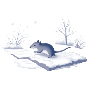 A small shrew is scampering across a snowy landscape. The ground is covered with a thick layer of white snow, and delicate snowflakes are falling gently around it. The shrew's tiny feet leave small tracks in the fresh snow as it moves. In the background, there are snow-covered patches of grass and a few sparse, barren trees silhouetted against the wintry scene. The atmosphere conveys a sense of quiet movement and the beauty of a winter day.