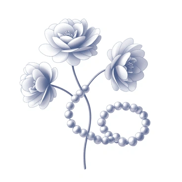 A collection of "Ranunculus flowers" with layered petals, showcasing delicate curves and intricate textures. The flowers are arranged in a natural, flowing manner, creating a sense of movement. Intertwined with the flowers is a "string of pearls," featuring small, round beads that appear glossy and smooth. The scene is set in an "elegant setting," with soft, minimalist surfaces that enhance the beauty of the flowers and pearls. The overall arrangement is balanced and harmonious, emphasizing the details of each element.