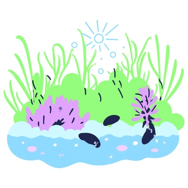 An illustration depicting the natural habitat of krill in an aquatic environment. In the foreground, a group of krill, small and translucent, are swimming among the water. Surrounding them are various sea plants, including tall green seaweed with flowing fronds and clusters of purple coral formations. The background features additional sea plants, providing a lush setting. Sunlight filters through the water, creating a shimmering effect on the scene.