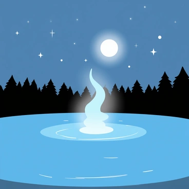 A calm lake reflecting the clear night sky. The water is still, with gentle ripples at the surface. Emerging from the center of the lake is a translucent spirit, glowing softly. The spirit has an ethereal form, with flowing shapes and shimmering edges. Bright moonlight casts a silver glow across the scene, illuminating the spirit and creating a peaceful atmosphere around the lake. The surrounding shoreline is lined with dark silhouettes of trees.