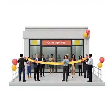 A bank branch building with a modern architectural design, featuring large glass doors and a welcoming facade. In front of the bank, a colorful ribbon is stretched across the entrance. A group of people is gathered, including men and women of diverse ethnic backgrounds, some wearing business attire. A woman holding a pair of large scissors is poised to cut the ribbon, while others are clapping and smiling. Balloons in various bright colors are tied to nearby railings, adding to the festive atmosphere. A banner above the entrance reads, "Grand Opening" in bold letters.