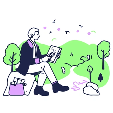 A man resembling "Thomas Jefferson" is seated on a rock, sketching the natural landscape around him. He is dressed in 18th-century attire, wearing a dark coat and light-colored trousers. In his hands, he holds a sketchbook, with a pencil poised to draw. The landscape features rolling hills in the background, with a river flowing through the foreground. Various trees are scattered throughout the scene, and a flock of birds can be seen flying in the distance. A small bag lies beside him, containing additional drawing tools and papers.